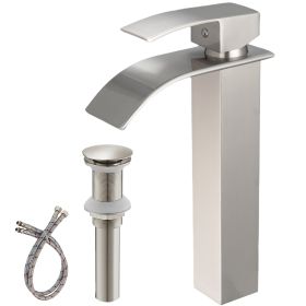 Brushed Nickel Waterfall Single-Handle Low-Arc Bathroom Faucet with Drain