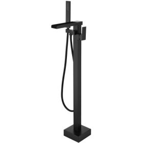 Matte Black Freestanding Tub Filler Floor Mount Faucet with Handheld Shower and Waterfall Spout