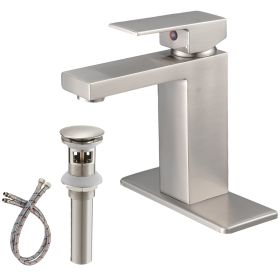 Brushed Nickel Low-Arc Single-Handle Bathroom Sink Faucet with Drain