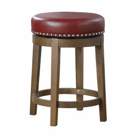 Round Swivel Counter Height Stools Set of 2, Red Faux Leather 360-degree Swivel Seat Nailhead Trim Solid Wood Frame Brown Finish Furniture