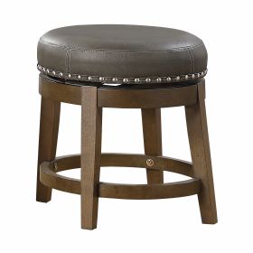 Round Swivel Stools Set of 2, Gray Faux Leather 360-degree Swivel Seat Nailhead Trim Solid Wood Frame Brown Finish Furniture