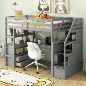 Twin Size Loft Bed with Desk and Shelves, Two Built-in Drawers, Storage Staircase, Gray