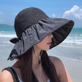 Women's Summer Foldable Weaving Cap; Sun Visor Brim Outdoor Traveling Beach Fishing Cap (Color: Black)