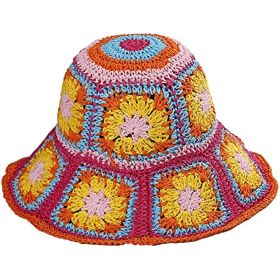 Women's Straw Sun Hat Floral Woven Bucket Hat Fishing Hat Beach Hat Hand Woven Foldable Cap (Color: Bucket Red)