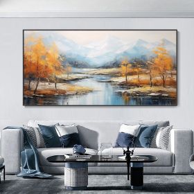 Hand Painted Oil Painting Original Snowy Mountain Canvas Oil Painting Custom Autumn Forest Wall Art Abstract River Landscape Painting Modern Living Ro (Style: 01, size: 60x120cm)