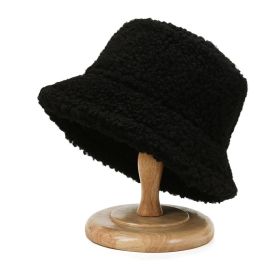 2021 Women's Harajuku Bucket Hat Solid Color Women Men Fishing Fisherman Hats Autumn Winter Lamb Wool Outdoor Warm Panama Cap (Ships From: China, Color: Black)