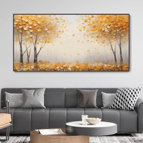 Hand Painted Large Original Golden Forest Landscape Oil Painting Autumn Yellow Tree Fallen Leaves Wall Art Morning Fog Woods Modern Texture Home Decor (size: 40x80cm)