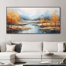 Original Hand Painted Snowy Mountain Canvas Oil Painting Custom Autumn Forest Wall Art Abstract River Landscape Painting Modern Living Room Decor Gift (size: 70x140cm)