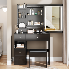 Small Space Left Drawer Desktop Vanity Table + Cushioned Stool, Extra Large Touch Control Sliding LED Mirror, Tri-color Switching (Color: as Pic)