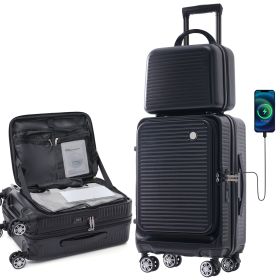 Carry-on Luggage 20 Inch Front Open Luggage Lightweight Suitcase with Front Pocket and USB Port, 1 Portable Carrying Case (Color: as Pic)