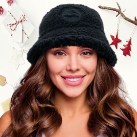 Cute Sherpa Bucket Hat Women Warm Plush Furry Fleece Fisherman Bucket Hat Chunky Fishing Cap (Color: Black)