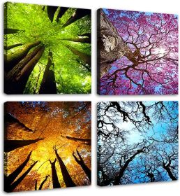 4 Panels Canvas Wall Art Spring Summer Autumn Winter Four Seasons Landscape Color Tree Painting Picture Prints Modern Giclee Artwork Stretched and Fra (Szie: 12x12inchx4pcs ( 30x30cmx4pcs))