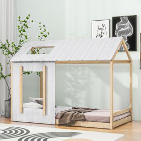 Twin Size House Platform with Roof and Window (Color: White+Natural)