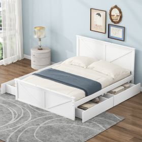 Queen Size Wooden Platform Bed with Four Storage Drawers and Support Legs (Color: Antique White)