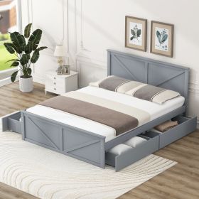 Queen Size Wooden Platform Bed with Four Storage Drawers and Support Legs (Color: Gray)